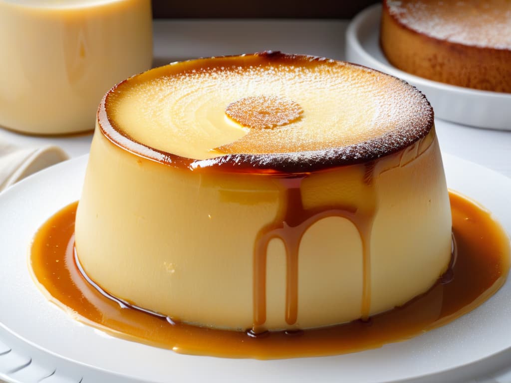  A closeup, ultradetailed image of a freshly baked flan casero with a perfectly caramelized top, showcasing the smooth and creamy texture of the dessert. The caramel drizzle is elegantly dripping down the sides, and you can see the tiny vanilla specks in the custard. The lighting captures the glossy finish of the flan, highlighting its inviting golden hue. hyperrealistic, full body, detailed clothing, highly detailed, cinematic lighting, stunningly beautiful, intricate, sharp focus, f/1. 8, 85mm, (centered image composition), (professionally color graded), ((bright soft diffused light)), volumetric fog, trending on instagram, trending on tumblr, HDR 4K, 8K