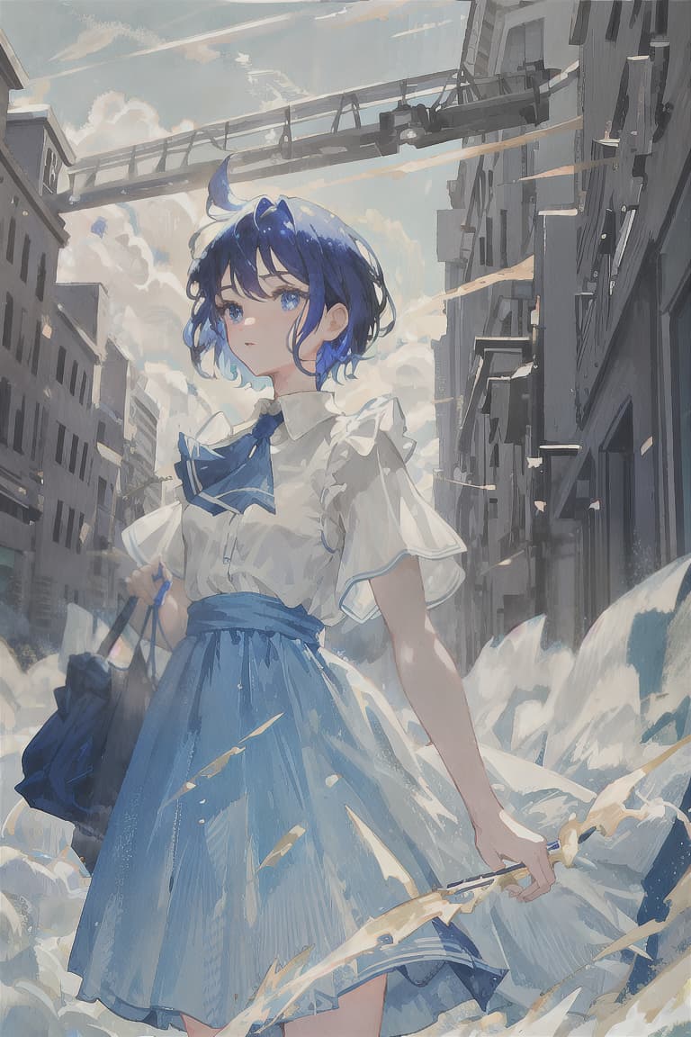  master piece , best quality,Blue hair, short hair, light blue eyes, knight, blue dress, lightning