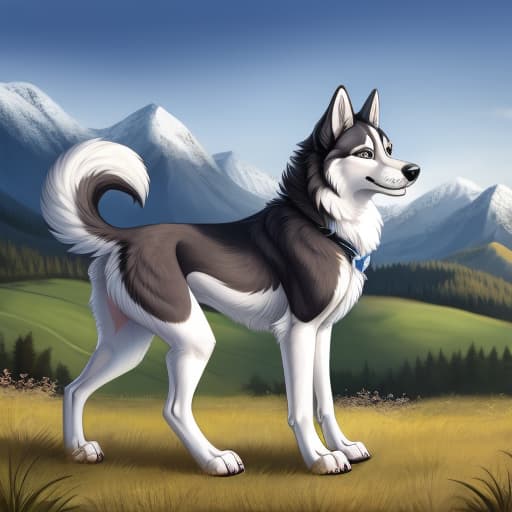  beautiful mountians and field, dog, husky, on all fours, arched over, plump dog vagina, open eyes, digital art, masterpiece, 4k, fine details,