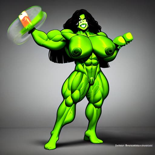  ultra realistic full body head to toe photo of giant buff huge muscled female bodybuilder shehulk with long wavy black hair green skin and huge massive muscles 100% muscle tone naked in action poses