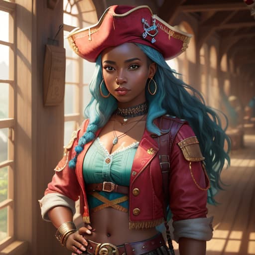  African female pirate with hazel eyes and teal colored hair , hyperrealistic, high quality, highly detailed, perfect lighting, intricate, sharp focus, f/1. 8, 85mm, (centered image composition), (professionally color graded), ((bright soft diffused light)), trending on instagram, HDR 4K, 8K