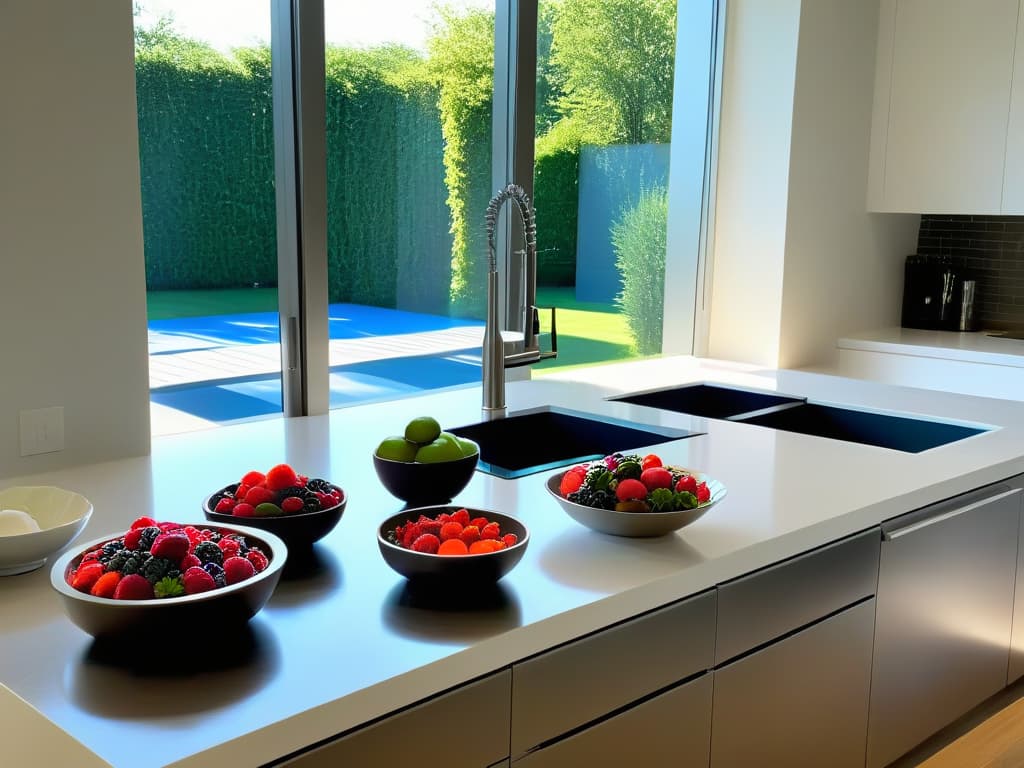  An ultradetailed image of a pristine, minimalist kitchen with sleek white countertops, stainless steel appliances, and a pop of color from a vibrant bowl of fresh berries on the counter. The sunlight streams in through large windows, casting a warm glow over the immaculate space, creating a sense of tranquility and elegance. hyperrealistic, full body, detailed clothing, highly detailed, cinematic lighting, stunningly beautiful, intricate, sharp focus, f/1. 8, 85mm, (centered image composition), (professionally color graded), ((bright soft diffused light)), volumetric fog, trending on instagram, trending on tumblr, HDR 4K, 8K