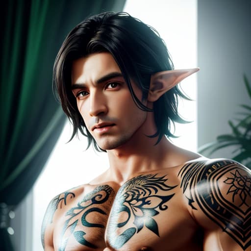  shirtless male, half-elf, short black hair, green eyes, tattoos, thin toned build, ranger, hyperrealistic, high quality, highly detailed, cinematic lighting, intricate, sharp focus, f/1. 8, 85mm, (centered image composition), (professionally color graded), ((bright soft diffused light)), volumetric fog, trending on instagram, HDR 4K, 8K