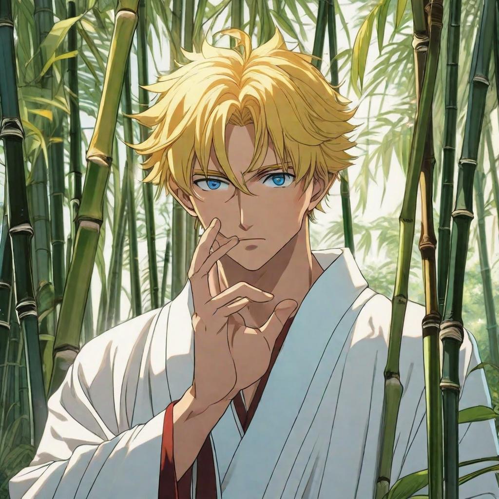  A young man with yellow hair and blue eyes, wearing a white robe, placing his hand on his head among bamboo sticks., anime concept art by Hayao Miyazaki, featured on pixiv, fantasy art, concept art, official art, high detailed hyperrealistic, full body, detailed clothing, highly detailed, cinematic lighting, stunningly beautiful, intricate, sharp focus, f/1. 8, 85mm, (centered image composition), (professionally color graded), ((bright soft diffused light)), volumetric fog, trending on instagram, trending on tumblr, HDR 4K, 8K