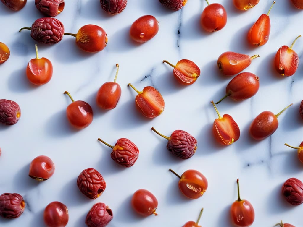  A closeup, ultradetailed image of vibrant red goji berries arranged in a perfectly symmetrical pattern on a sleek, white marble countertop. The berries glisten with droplets of water, highlighting their plump texture and rich color, while the smooth surface of the marble provides a luxurious backdrop that enhances the simple elegance of the composition. hyperrealistic, full body, detailed clothing, highly detailed, cinematic lighting, stunningly beautiful, intricate, sharp focus, f/1. 8, 85mm, (centered image composition), (professionally color graded), ((bright soft diffused light)), volumetric fog, trending on instagram, trending on tumblr, HDR 4K, 8K