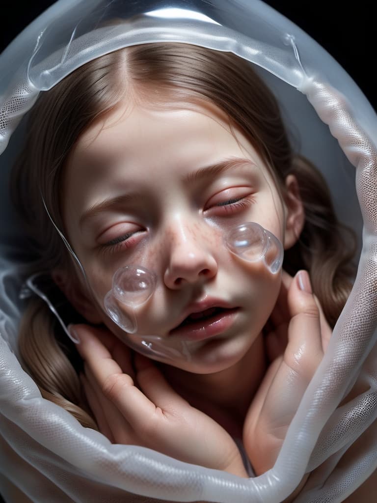  hyperrealistic art The girl is enclosed inside a silicone cocoon, and her face is covered and stretched by silicone. . extremely high-resolution details, photographic, realism pushed to extreme, fine texture, incredibly lifelike
