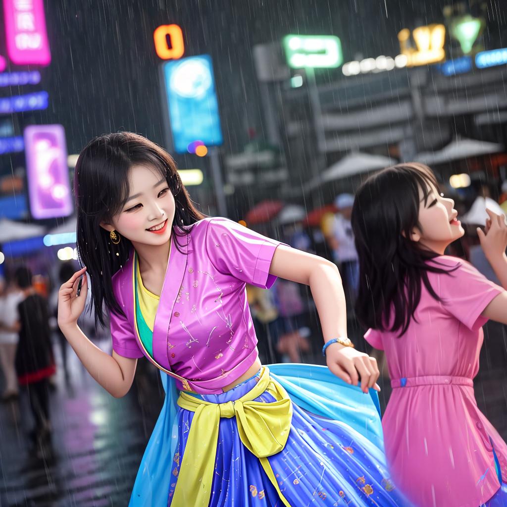  masterpiece, best quality, pretty asian woman dancing in the rain at outdoor nightclub laughing joyfully. open air club here is full of people dancing around her, amid colorful lights and bokeh effects, photo realistic, cinematic, movie still, summer vibes, captured in the style of Sony Alpha A7 III camera --ar 2:3 --s 500 --v 6.0