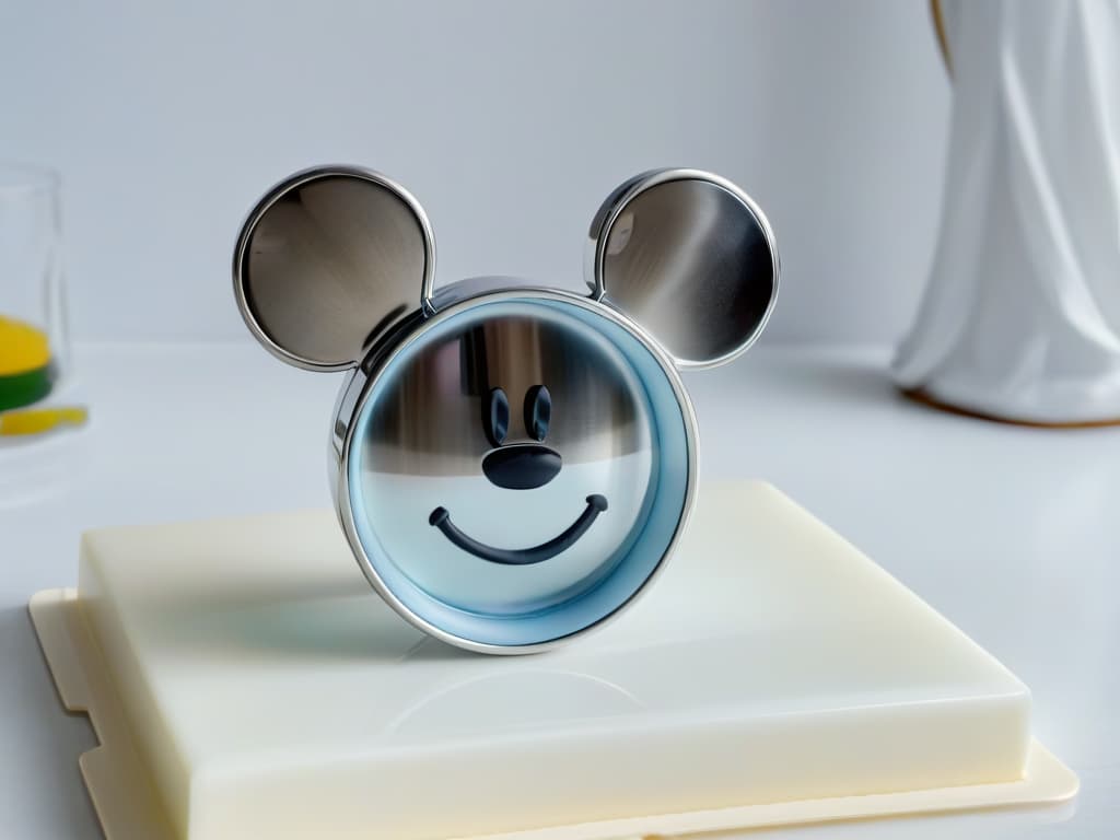  An intricately designed Mickey Mouseshaped cookie cutter made of highquality stainless steel, featuring fine details such as his iconic ears, gloves, and cheerful smile, set against a clean white background to emphasize its sleek and minimalistic design. hyperrealistic, full body, detailed clothing, highly detailed, cinematic lighting, stunningly beautiful, intricate, sharp focus, f/1. 8, 85mm, (centered image composition), (professionally color graded), ((bright soft diffused light)), volumetric fog, trending on instagram, trending on tumblr, HDR 4K, 8K