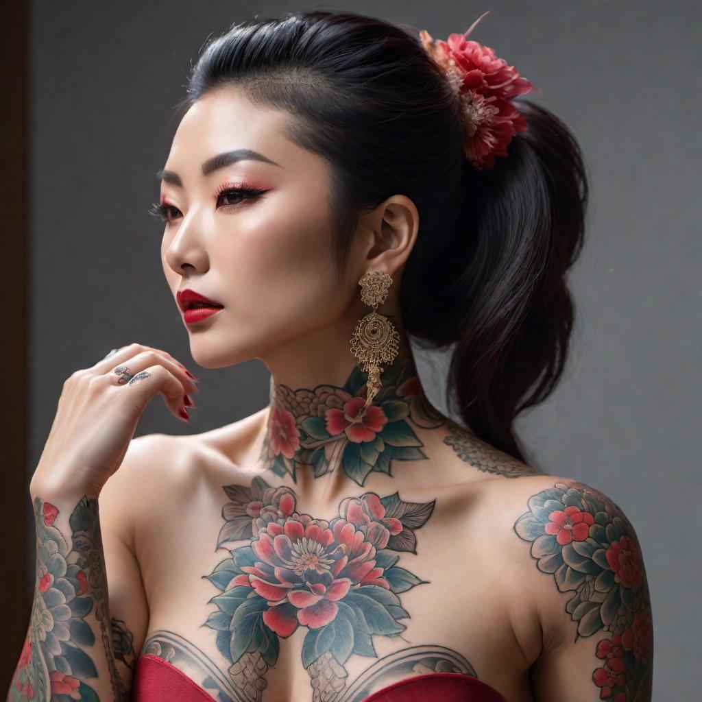  A Japanese woman with intricate tattoos twerking. Her tattoos are elaborate and cover her arms, legs, and part of her neck. The background is simple and unobtrusive to keep the attention on her and her actions. Realistic, high-detail portrait. hyperrealistic, full body, detailed clothing, highly detailed, cinematic lighting, stunningly beautiful, intricate, sharp focus, f/1. 8, 85mm, (centered image composition), (professionally color graded), ((bright soft diffused light)), volumetric fog, trending on instagram, trending on tumblr, HDR 4K, 8K