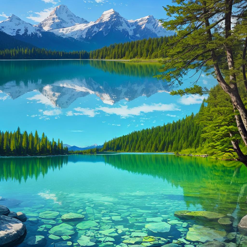  as a painting, Convey the serene majesty of towering mountains reflected in the crystal-clear waters of a tranquil alpine lake, using your unique artistic vision to evoke a sense of awe and tranquility.