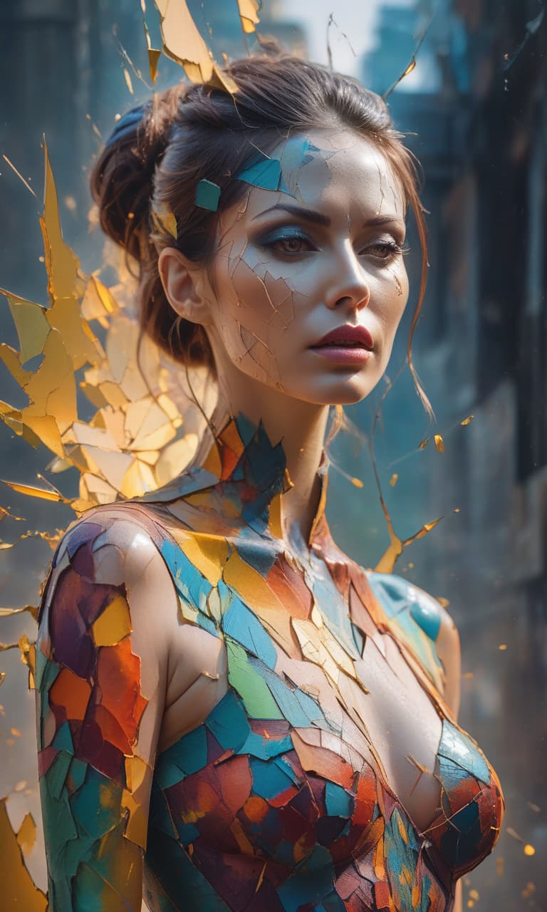  double exposure of acrylic paint, abstract woman’s face, in the style of shattered, segmented cracked skin, vibrant acid colors, volumetric lighting, depressive mood, beautiful body hyperrealistic, full body, detailed clothing, highly detailed, cinematic lighting, stunningly beautiful, intricate, sharp focus, f/1. 8, 85mm, (centered image composition), (professionally color graded), ((bright soft diffused light)), volumetric fog, trending on instagram, trending on tumblr, HDR 4K, 8K