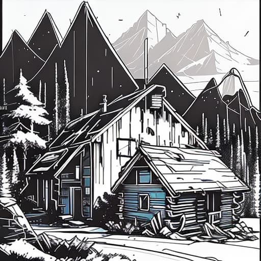 nvinkpunk Whimsical mountains with trees and cabin in valley