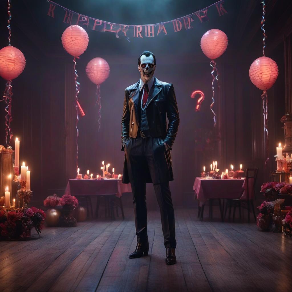  Birthday invitation in the style of 80s horror. hyperrealistic, full body, detailed clothing, highly detailed, cinematic lighting, stunningly beautiful, intricate, sharp focus, f/1. 8, 85mm, (centered image composition), (professionally color graded), ((bright soft diffused light)), volumetric fog, trending on instagram, trending on tumblr, HDR 4K, 8K