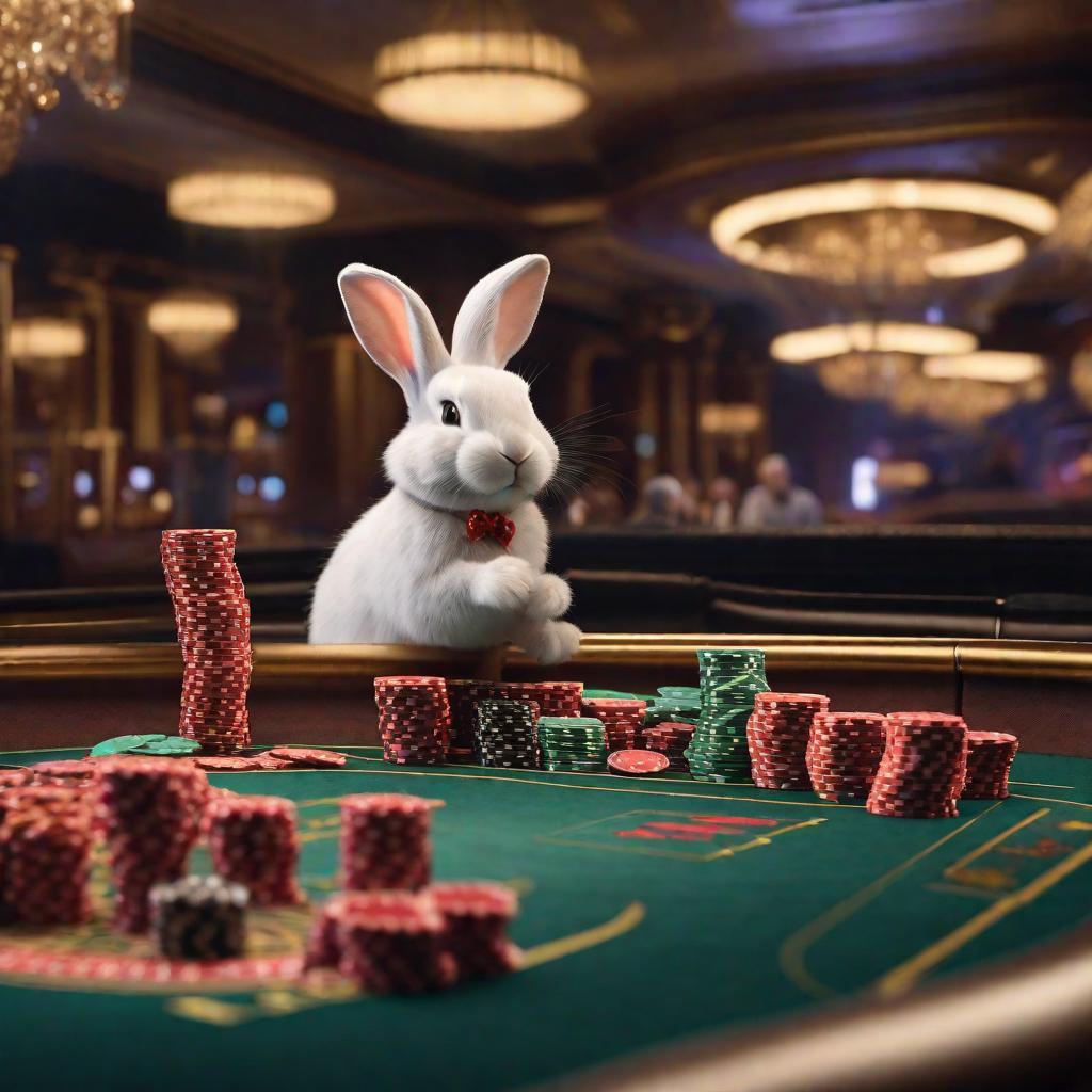  Sobre una mesa de casino corre un silver rabbit. hyperrealistic, full body, detailed clothing, highly detailed, cinematic lighting, stunningly beautiful, intricate, sharp focus, f/1. 8, 85mm, (centered image composition), (professionally color graded), ((bright soft diffused light)), volumetric fog, trending on instagram, trending on tumblr, HDR 4K, 8K