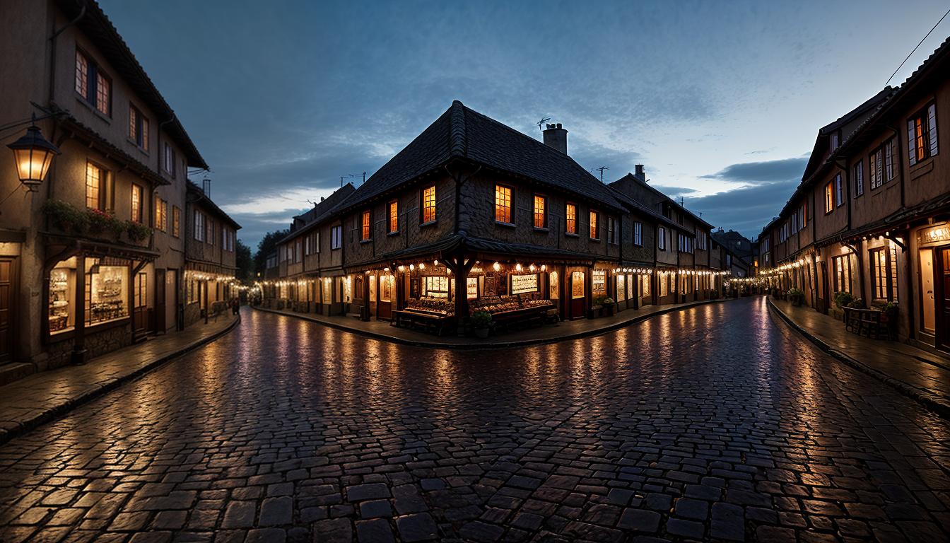  cinematic, aesthetic, A quaint village, glowing lanterns hanging above cobblestone streets, people conversing peacefully, dusk sky with purples and oranges, sense of harmony, calmness, unity, 4k, HDR, lens flare