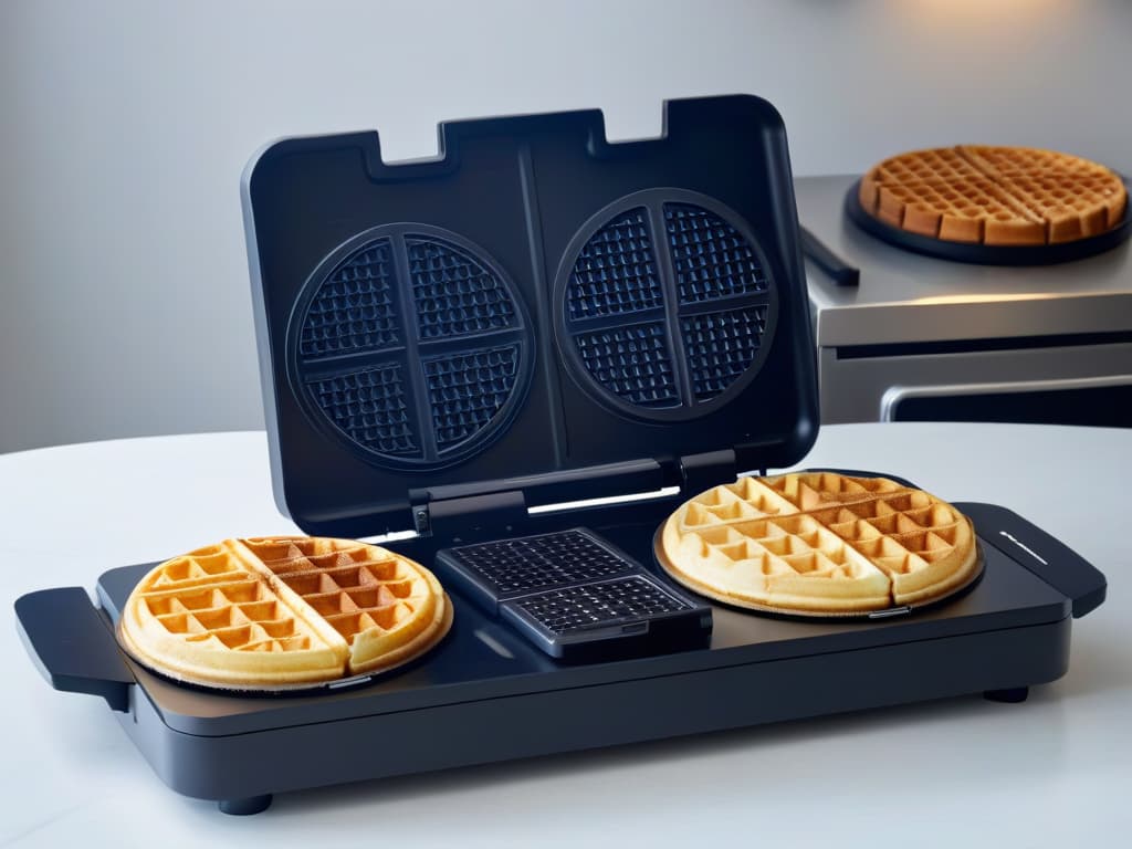  A highresolution, minimalist image showcasing a sidebyside comparison of three popular waffle makers, each with a sleek and modern design. The waffle makers are set against a clean, white background to highlight their key features and differences, such as size, shape, and color. Each waffle maker is presented with a subtle shadow to create depth and emphasis, allowing readers to visually compare the models easily. The image exudes a professional and informative vibe, perfect for the article's tone and style. hyperrealistic, full body, detailed clothing, highly detailed, cinematic lighting, stunningly beautiful, intricate, sharp focus, f/1. 8, 85mm, (centered image composition), (professionally color graded), ((bright soft diffused light)), volumetric fog, trending on instagram, trending on tumblr, HDR 4K, 8K