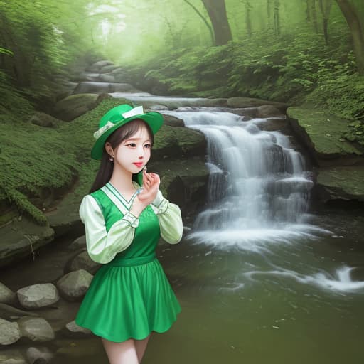  A girl, very beautiful, green, hazy, in the brook, the feeling of first love. To reality like real pictures,