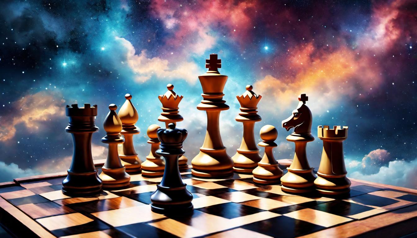  digital illustration, A chessboard under a cosmic sky, pieces moving with purpose, strategic decisions, life's gambits, looking at viewer, dynamic pose, (intricate details, masterpiece, best quality)