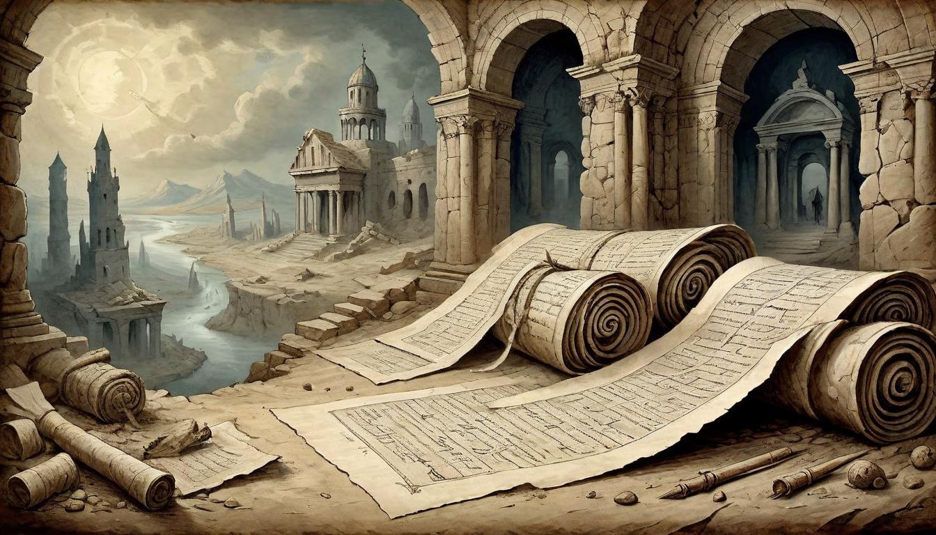  on parchment, surrealism+++, Ancient scrolls unrolled amidst ruins, timeless wisdom engraved in stone, eroded by weather, witness to cycles of envy and triumph, enduring legacy, silent testament.(mysterious, provocative, symbolic,muted color)+++