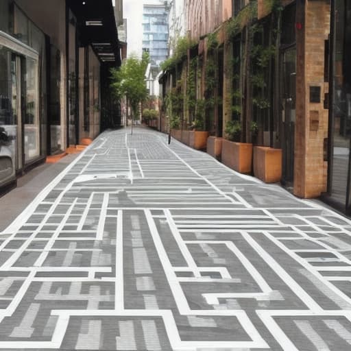  Urban sidewalk design for people without car traffic, the sidewalk walls of commercial shops are brick-faced, the path is covered with creeping plants and gardens, geometric shapes flooring with tiles