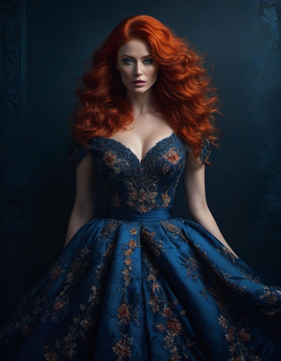  impressionist painting A striking digital artwork of a woman with voluminous red hair in an ornate blue dress, posing elegantly against a dark background. . loose brushwork, vibrant color, light and shadow play, captures feeling over form hyperrealistic, full body, detailed clothing, highly detailed, cinematic lighting, stunningly beautiful, intricate, sharp focus, f/1. 8, 85mm, (centered image composition), (professionally color graded), ((bright soft diffused light)), volumetric fog, trending on instagram, trending on tumblr, HDR 4K, 8K