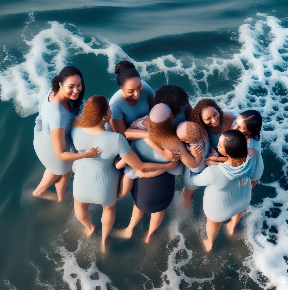  four women stand on the ground in the ocean in line and hold infants in their arms, view from the top, phoro ultra hd, faces to the camera hyperrealistic, full body, detailed clothing, highly detailed, cinematic lighting, stunningly beautiful, intricate, sharp focus, f/1. 8, 85mm, (centered image composition), (professionally color graded), ((bright soft diffused light)), volumetric fog, trending on instagram, trending on tumblr, HDR 4K, 8K