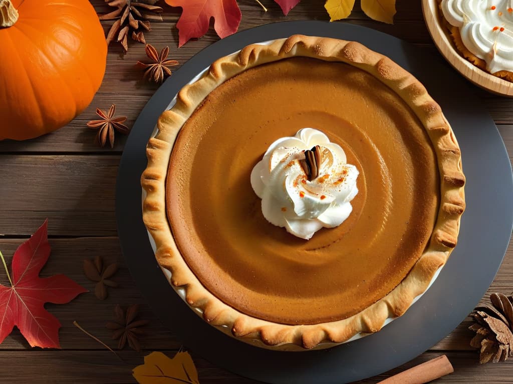  A beautifully detailed photorealistic image of a freshly baked pumpkin pie, perfectly goldenbrown with a flaky crust, sitting on a rustic wooden table adorned with autumn leaves and a dollop of whipped cream melting gently on top. The pie is garnished with a sprinkle of cinnamon and surrounded by scattered whole cinnamon sticks and vibrant orange pumpkins in the background, evoking a cozy and inviting Thanksgiving atmosphere. hyperrealistic, full body, detailed clothing, highly detailed, cinematic lighting, stunningly beautiful, intricate, sharp focus, f/1. 8, 85mm, (centered image composition), (professionally color graded), ((bright soft diffused light)), volumetric fog, trending on instagram, trending on tumblr, HDR 4K, 8K