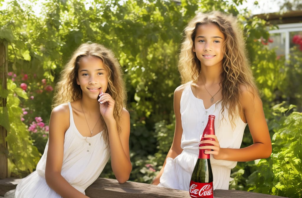  Girl in garden with bottle of Coca Cola ar 3:2, (natural skin texture, hyperrealism, soft light, muted colors), background