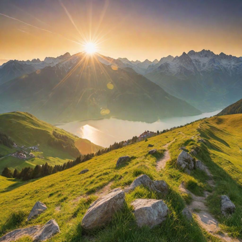  Schöne Landschaft mit Bergen und Sonnenuntergang