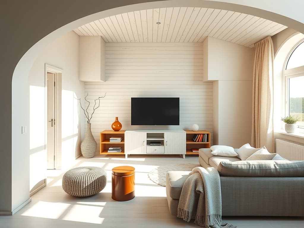  capture a stunningly beautiful, hyperrealistic 8k photograph styled after mario testino, emphasizing the scandinavian design of a living room that invites relaxation and entertainment. this space features simplicity, functionality, and clean lines with muted tones in a palette dominated by variations of white, including off white (rgb: 238, 234, 220), silk white (rgb: 237, 242, 244), cream white (rgb: 240, 237, 229), antique white (rgb: 250, 240, 230), and chalk white (rgb: 239, 236, 234) as the primary color scheme. the setting includes pine wood and wool fabrics, under bright soft diffused sunny light, capturing the essence of a nostalgic style that draws inspiration from past decades. the unedited raw image, professionally color graded a