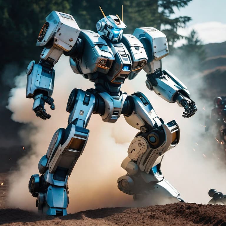  Mecha robot engaging in an epic battle hyperrealistic, full body, detailed clothing, highly detailed, cinematic lighting, stunningly beautiful, intricate, sharp focus, f/1. 8, 85mm, (centered image composition), (professionally color graded), ((bright soft diffused light)), volumetric fog, trending on instagram, trending on tumblr, HDR 4K, 8K