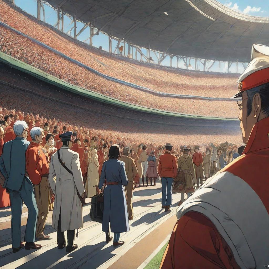  A group of people enter a stadium., anime concept art by Hayao Miyazaki, featured on pixiv, fantasy art, concept art, official art, high detailed hyperrealistic, full body, detailed clothing, highly detailed, cinematic lighting, stunningly beautiful, intricate, sharp focus, f/1. 8, 85mm, (centered image composition), (professionally color graded), ((bright soft diffused light)), volumetric fog, trending on instagram, trending on tumblr, HDR 4K, 8K