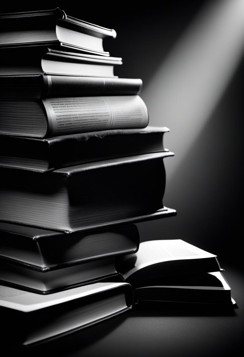  cinematic photo Pile of books in a spotlight. Black and white photograph. Light and shadow, chiaroscuro, volume. Retro style, complex composition. Shot with: Raw format, ISO 400, long exposure, motion blur, focus blur. . 35mm photograph, film, bokeh, professional, 4k, highly detailed hyperrealistic, full body, detailed clothing, highly detailed, cinematic lighting, stunningly beautiful, intricate, sharp focus, f/1. 8, 85mm, (centered image composition), (professionally color graded), ((bright soft diffused light)), volumetric fog, trending on instagram, trending on tumblr, HDR 4K, 8K