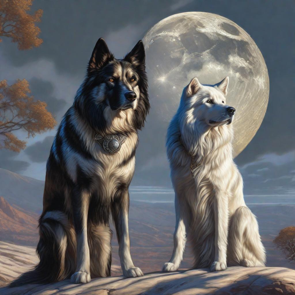  Lobo y perro sentados uno junto al otro de espaldas contemplando la luna llena, realistic, portrait, art by donato giancola and greg rutkowski, realistic face, digital art, trending on artstation hyperrealistic, full body, detailed clothing, highly detailed, cinematic lighting, stunningly beautiful, intricate, sharp focus, f/1. 8, 85mm, (centered image composition), (professionally color graded), ((bright soft diffused light)), volumetric fog, trending on instagram, trending on tumblr, HDR 4K, 8K