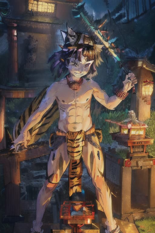  (Masterpiece, Best Quounty) 1.5, Absurd Detailed, Raw Photo Realistic, (Super Fine Shiny Face), 8k, ((Tiger-Stripes Kimono, Short Hem, Tiger Ears, Tiger Ears, Tiger, Tiger, Tiger. Girl, Cat Hand, Tiger Tail), Raw Photo Realistic shiny tiger-color hair, grin, &, ((loincloth, Fundoshi)), Look Back, Cat's Paw, Dynamic Pose, Shrine, ((((((), ((TWILIM), Shrine), Twilight Lighting), Put a shit on your head)))