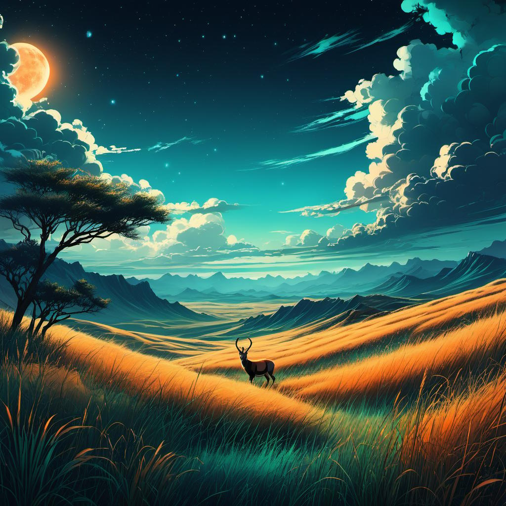  Grasslands with Tall Grass and Herds of Wild Antelope, clouds, vivid, highly detailed, anime style, hand-drawn, combined with digital art, night, whimsical, (enchanting atmosphere:1.1), warm lighting , depth of field, Wacom Cintiq, Adobe Photoshop, 300 DPI, (hdr:1.2), teal and orange
