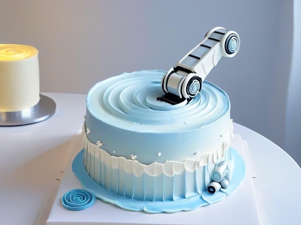  An ultradetailed closeup image of a sleek, modern robotic arm delicately piping intricate swirls of frosting onto a perfectly crafted cake. The robotic arm is silver with glowing LED lights, showcasing advanced technology in a minimalist setting. The cake is elegantly decorated with precise details, highlighting the fusion of traditional pastry artistry with cuttingedge robotic assistance. hyperrealistic, full body, detailed clothing, highly detailed, cinematic lighting, stunningly beautiful, intricate, sharp focus, f/1. 8, 85mm, (centered image composition), (professionally color graded), ((bright soft diffused light)), volumetric fog, trending on instagram, trending on tumblr, HDR 4K, 8K