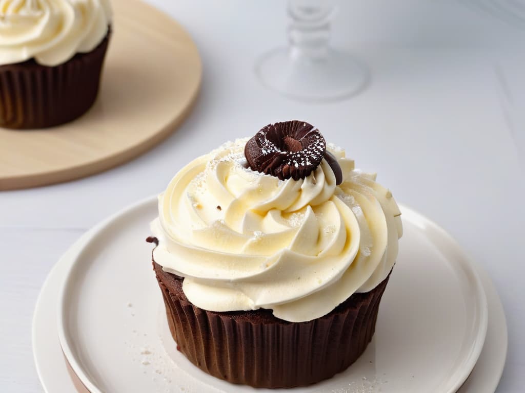  A closeup, ultradetailed image of a dollop of homemade vegan cream made from cashews, coconut milk, and vanilla extract, elegantly placed on top of a freshly baked vegan chocolate cupcake. The cream is perfectly whipped, with tiny air bubbles visible, and a sprinkle of cocoa powder delicately dusted on top, highlighting the smooth texture and glossy finish of the cream. The cupcake sits on a sleek, white porcelain plate, showcasing the contrast between the rich, dark chocolate base and the creamy, light vegan topping. The lighting is soft, creating a warm, inviting ambiance, and the background is blurred to emphasize the exquisite details of this delectable dessert. hyperrealistic, full body, detailed clothing, highly detailed, cinematic lighting, stunningly beautiful, intricate, sharp focus, f/1. 8, 85mm, (centered image composition), (professionally color graded), ((bright soft diffused light)), volumetric fog, trending on instagram, trending on tumblr, HDR 4K, 8K