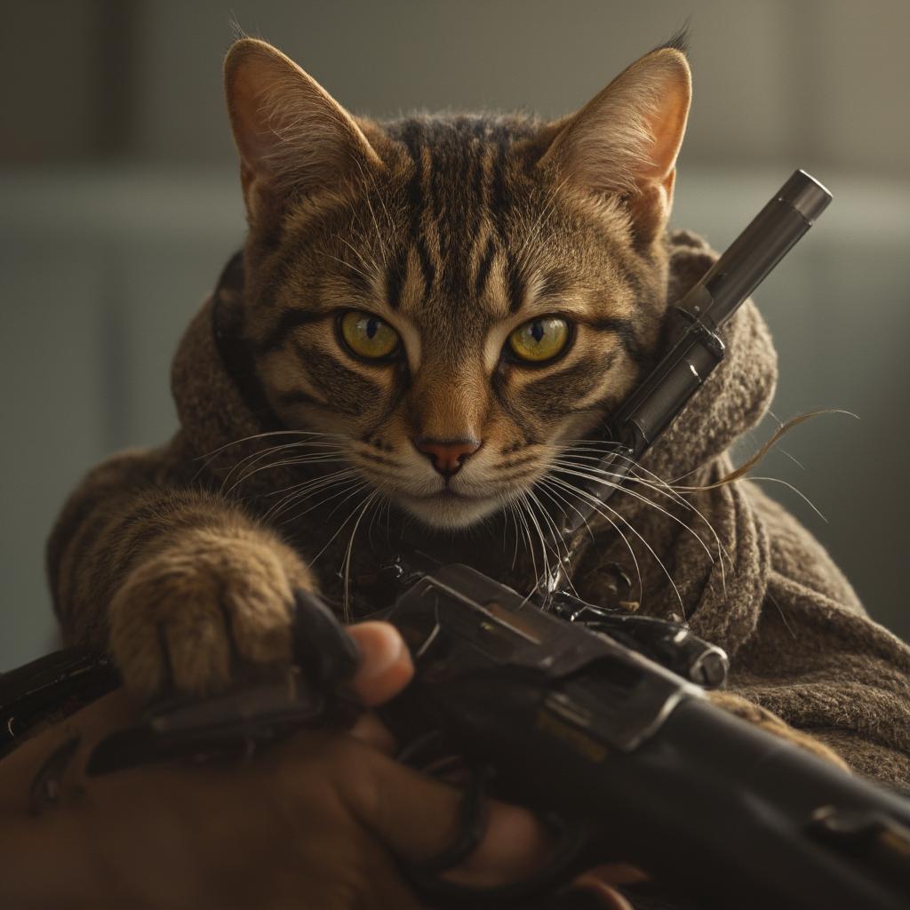  good quality, high quality, a cat with human with gun