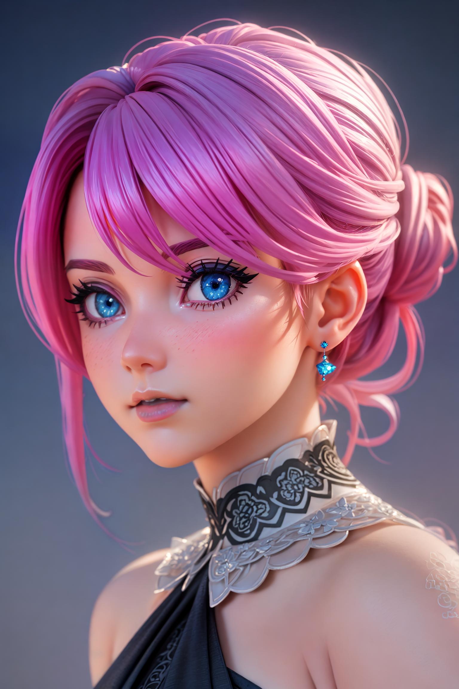  female portrait, realistic 3D illustration, blue eyes, pink hair, elegant updo, soft lighting, colorful background, subtle makeup, high resolution, detailed texture, emotional depth, classic black dress, portrait profile, serene atmosphere, cinematic lighting , , (Masterpiece), (best quality), (intricate details, hyperdetailed:1.15), (realistic), (epic realistic), ((neutral colors)), (disney pixar style)