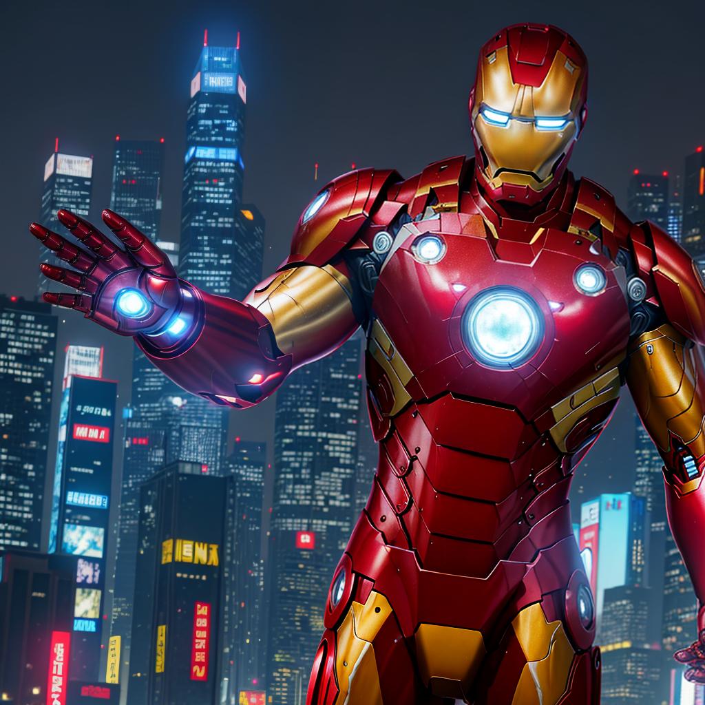  masterpiece, best quality, masterpiece, 8k resolution, realistic, highly detailed, Iron Man close-up. He stands on a street lined with tall buildings in a cyberpunk style city at night. The city's night lights are bright, and the surrounding buildings and streets are full of cyberpunk elements such as neon lights, high-tech equipment and futuristic architectural design.