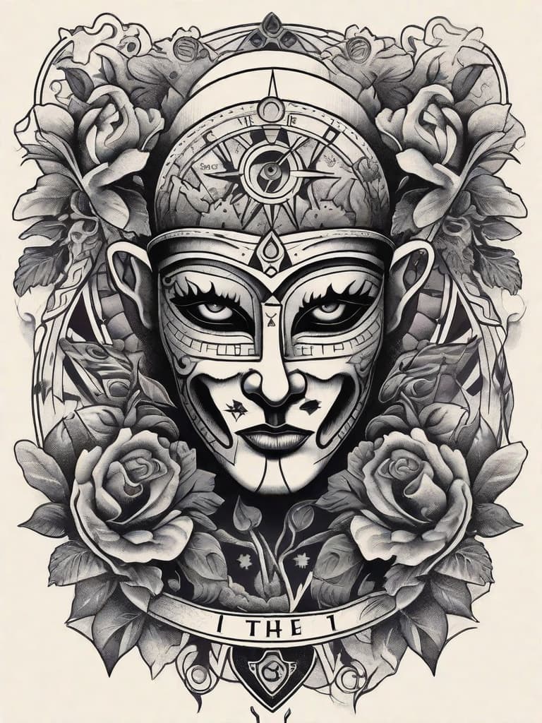  masterpiece, best quality, A detailed illustration of a shoulder tattoo featuring a mask at the center, symbolizing the idea that people often hide behind masks. The mask should be intricately designed, showcasing emotions like sadness, happiness, anger, and fear. The background could be dark shades. At the base of the tattoo should be ilustrated a clock. In the tattoo should be ilustrated the tarot card of the fool. The overall atmosphere should be mysterious and thought-provoking, inviting viewers to reflect on the concept of masks and authenticity. The realization can be done digitally, using a high-resolution camera and digital painting techniques. The tattoo must be black ink style. The tattoo should be ilustrated on the shoulder of 