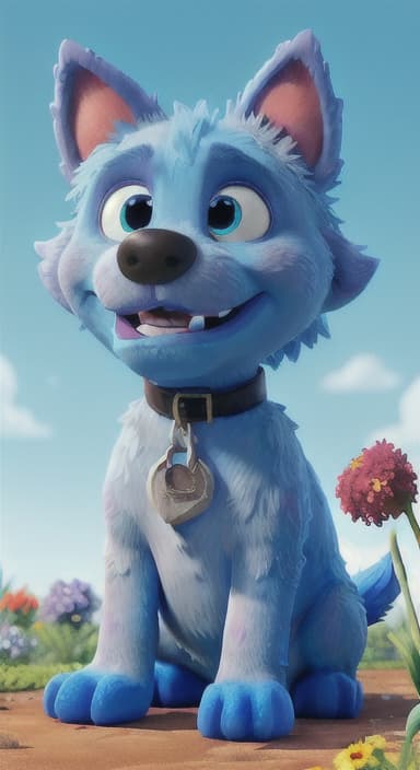  {Max carefully picking up the ball with his teeth without disturbing the flowers, The big blue dog is large with sky blue fur, big round eyes, a black nose, and floppy ears.