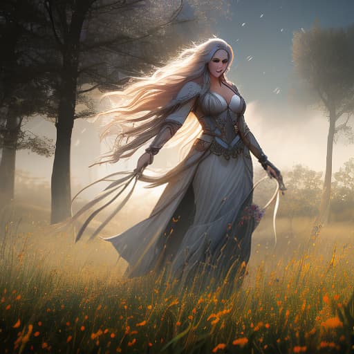  Thunder, lightning, element, field with flowers, woman with long, flowing hair in the wind, the wind rustles the leaves of trees and tall grass, night, moonlight. hyperrealistic, full body, detailed clothing, highly detailed, cinematic lighting, stunningly beautiful, intricate, sharp focus, f/1. 8, 85mm, (centered image composition), (professionally color graded), ((bright soft diffused light)), volumetric fog, trending on instagram, trending on tumblr, HDR 4K, 8K