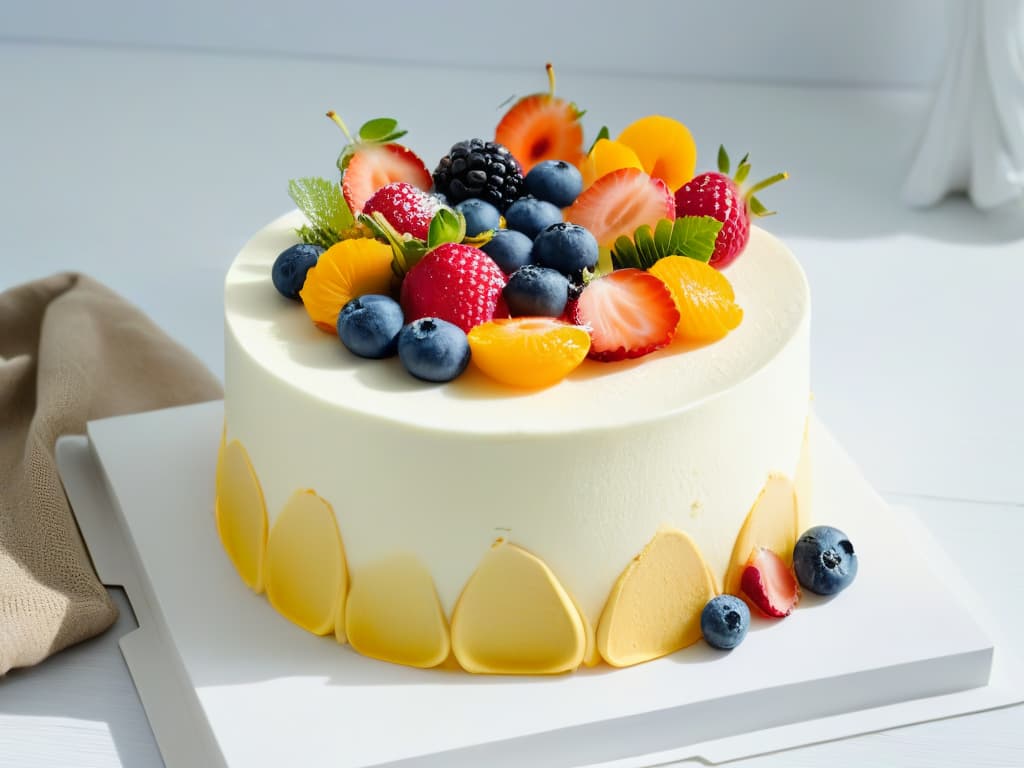  A minimalist image of a beautifully decorated vegan and glutenfree cake, intricately adorned with fresh fruits and edible flowers, set against a clean, white background, showcasing the artistry and elegance of plantbased baking. hyperrealistic, full body, detailed clothing, highly detailed, cinematic lighting, stunningly beautiful, intricate, sharp focus, f/1. 8, 85mm, (centered image composition), (professionally color graded), ((bright soft diffused light)), volumetric fog, trending on instagram, trending on tumblr, HDR 4K, 8K