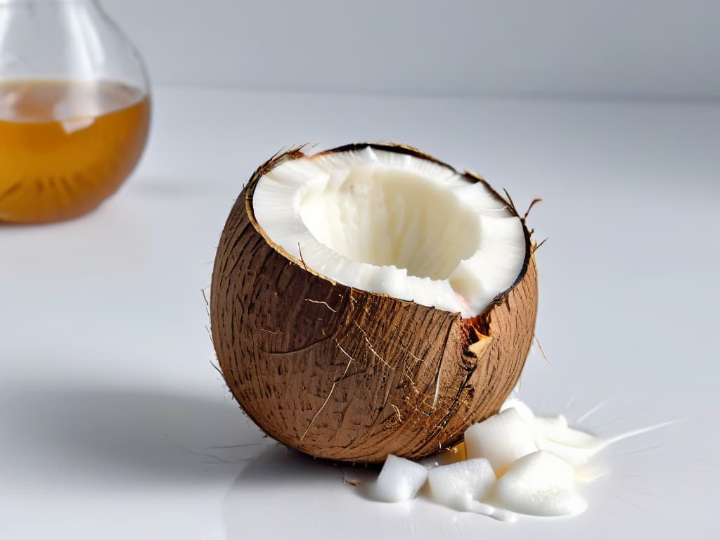  A closeup, ultradetailed image of a single coconut being cracked open, showcasing the white flesh and fresh coconut water inside, set against a simple, elegant white background. The focus is so sharp that every fiber of the coconut shell and the droplets of water are crystal clear, highlighting the natural beauty and freshness of the ingredient. hyperrealistic, full body, detailed clothing, highly detailed, cinematic lighting, stunningly beautiful, intricate, sharp focus, f/1. 8, 85mm, (centered image composition), (professionally color graded), ((bright soft diffused light)), volumetric fog, trending on instagram, trending on tumblr, HDR 4K, 8K