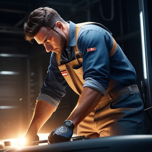  A mechanic repairs a machine. hyperrealistic, full body, detailed clothing, highly detailed, cinematic lighting, stunningly beautiful, intricate, sharp focus, f/1. 8, 85mm, (centered image composition), (professionally color graded), ((bright soft diffused light)), volumetric fog, trending on instagram, trending on tumblr, HDR 4K, 8K