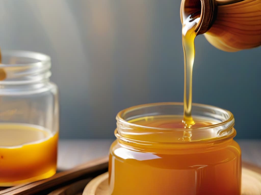  A closeup, ultradetailed image of golden honey dripping slowly from a wooden honey dipper into a clear glass jar, with each drop suspended in midair, showcasing the mesmerizing texture and rich color of the honey as it cascades down. The background is softly blurred to keep the focus solely on the intricate details of the honey and the glass jar, creating a visually captivating and minimalistic composition that evokes a sense of luxury and natural beauty. hyperrealistic, full body, detailed clothing, highly detailed, cinematic lighting, stunningly beautiful, intricate, sharp focus, f/1. 8, 85mm, (centered image composition), (professionally color graded), ((bright soft diffused light)), volumetric fog, trending on instagram, trending on tumblr, HDR 4K, 8K