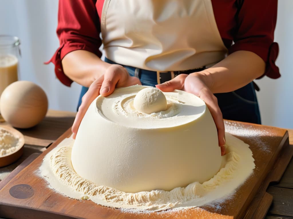  A photorealistic image of a baker's hands gently kneading a ball of sourdough starter, showcasing the texture and elasticity of the dough. The hands are dusted with flour, with soft natural light illuminating the scene to highlight the intricate details of the process. The background features a rustic wooden table scattered with baking tools, adding to the authentic and artisanal feel of the image. hyperrealistic, full body, detailed clothing, highly detailed, cinematic lighting, stunningly beautiful, intricate, sharp focus, f/1. 8, 85mm, (centered image composition), (professionally color graded), ((bright soft diffused light)), volumetric fog, trending on instagram, trending on tumblr, HDR 4K, 8K