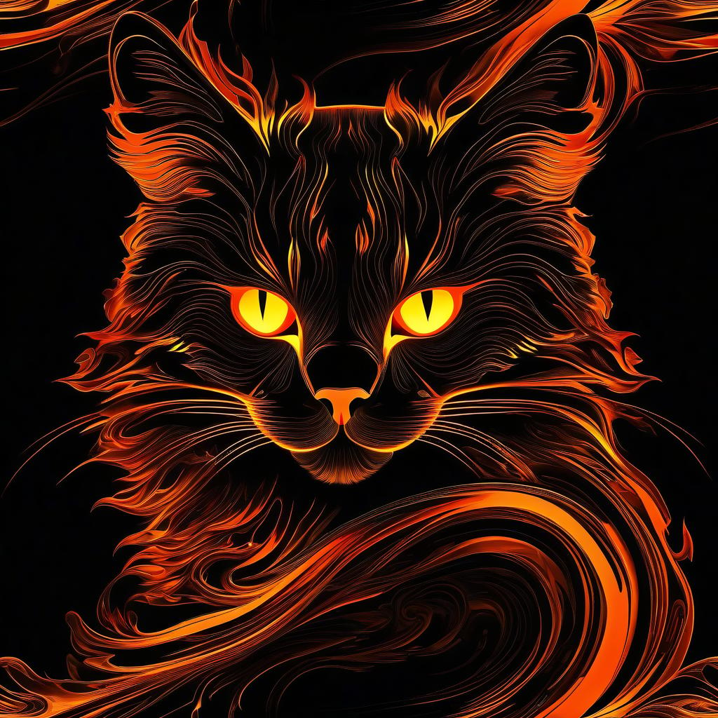  thin, fine fractal glossy vivid fire line ink sketch on the black background, fire contours outlines of a cat silhouette, fire outline hyperrealistic, full body, detailed clothing, highly detailed, cinematic lighting, stunningly beautiful, intricate, sharp focus, f/1. 8, 85mm, (centered image composition), (professionally color graded), ((bright soft diffused light)), volumetric fog, trending on instagram, trending on tumblr, HDR 4K, 8K